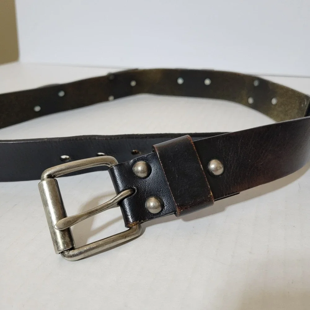 GUESS Y2K Spellout Black Leather Belt Men's Size 34 Grommeted Punk Vintage